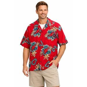 1990s Hilo Hattie Hawaiian Shirt Red Floral Ukulele Print Cotton XL